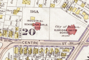 A Map 1918 of the Industrial School for Girls showing the carriage house in back. (Bromley Atlas, Plate 22)